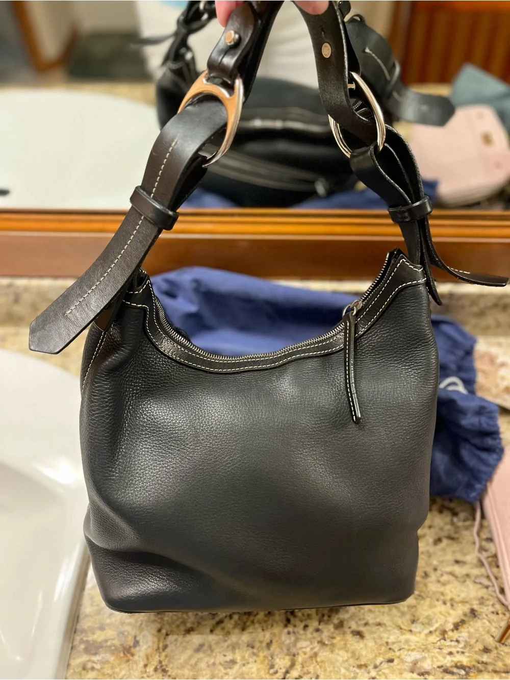 Dooney & Bourke Black Leather Pebble Hobo with Contrast Stitching